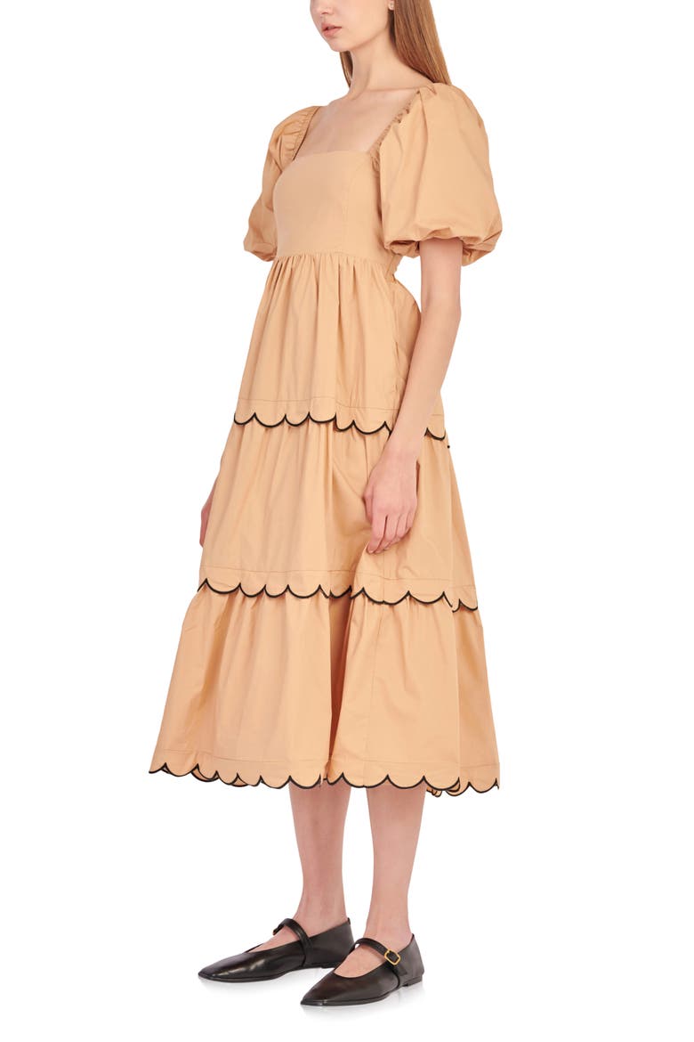 Puff Sleeve Scallop Trim Cotton Midi Dress, Alternate, color, TAN/ BLACK