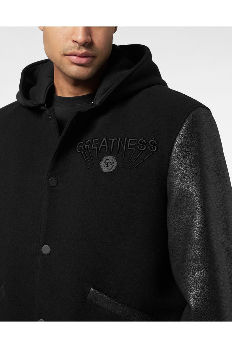 Hooded Varsity Bomber With Leather Sleeves Greatness Men, Alternate, color, black/black