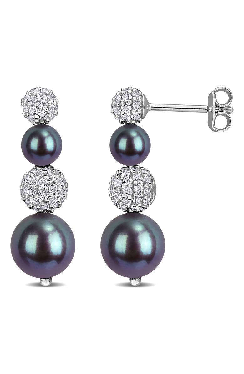DELMAR Pavé White Topaz & Cultured Black Freshwater Pearl Drop Earrings, Main, color, Black