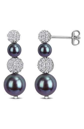Pavé White Topaz & Cultured Black Freshwater Pearl Drop Earrings