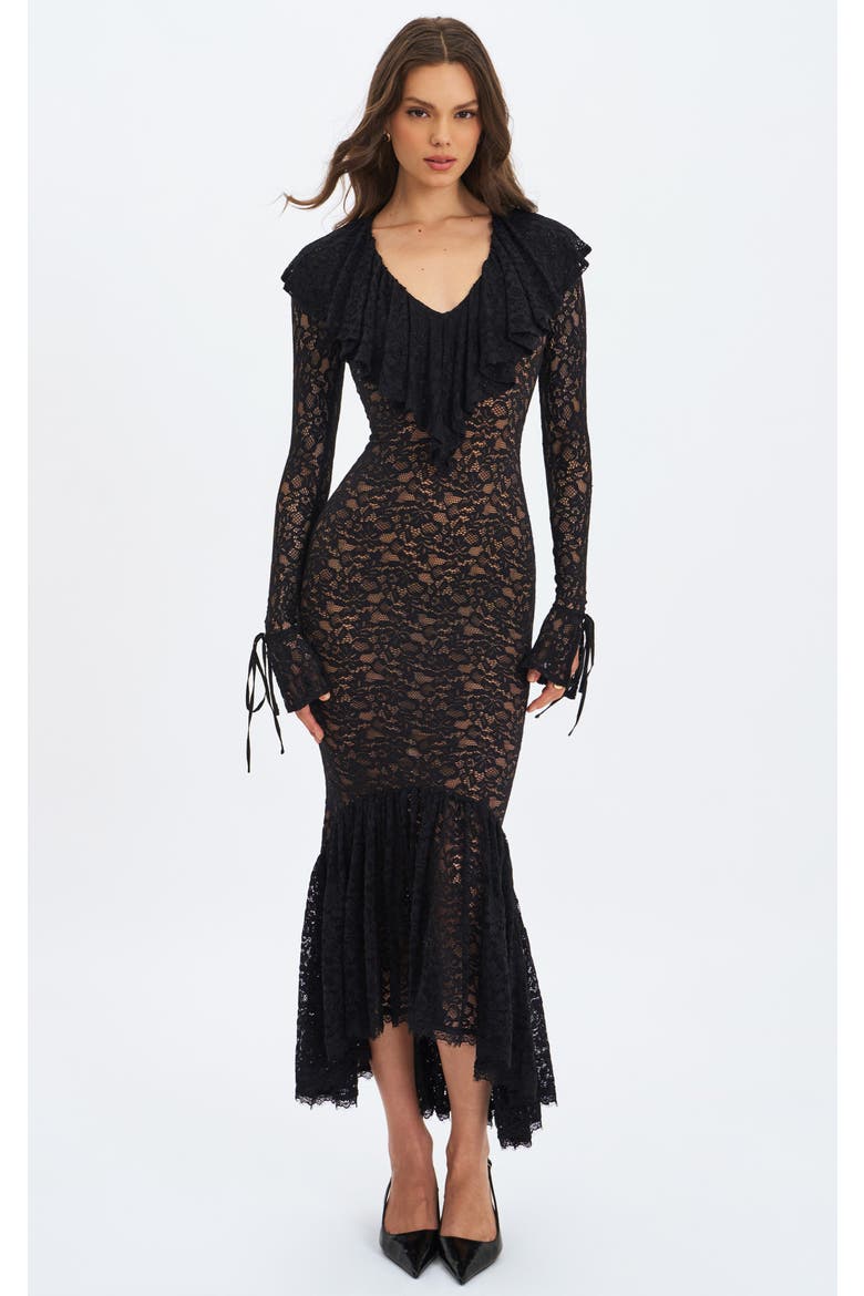 Parisa Lace Ruffled Mermaid Maxi Dress, Main, color, Black