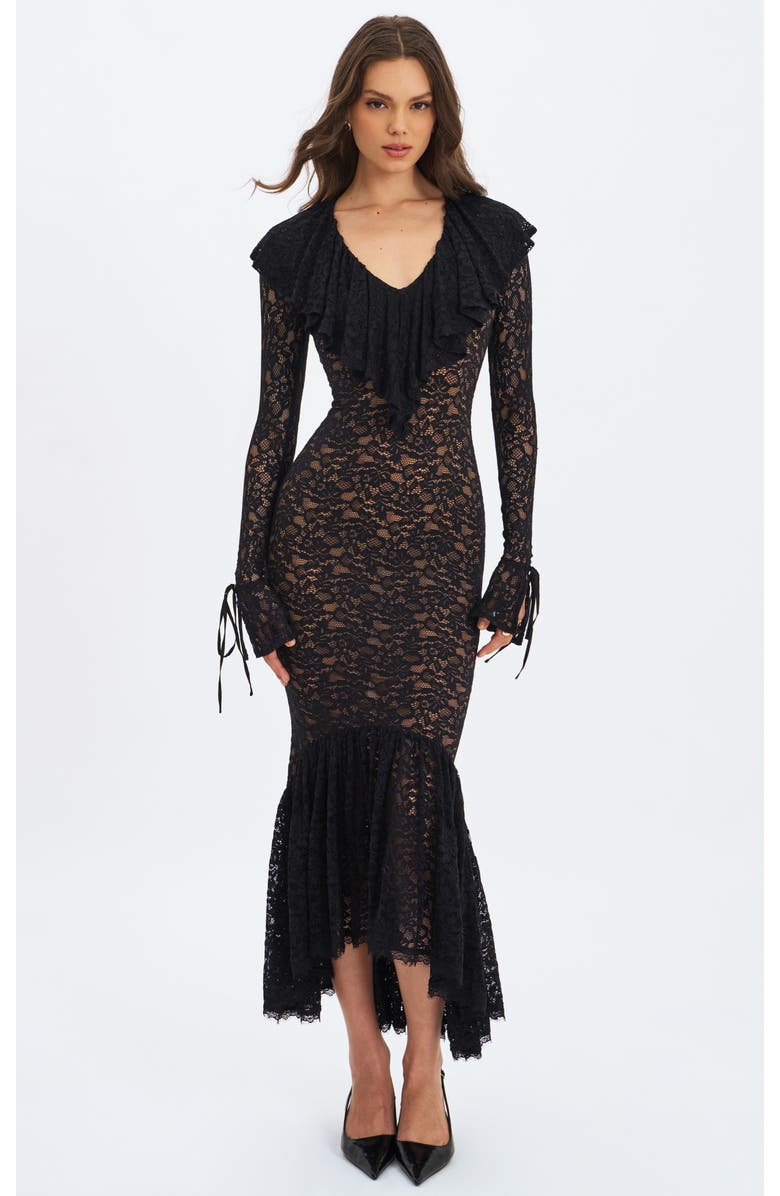 Miss Circle Parisa Lace Ruffled Mermaid Maxi Dress, Main, color, Black