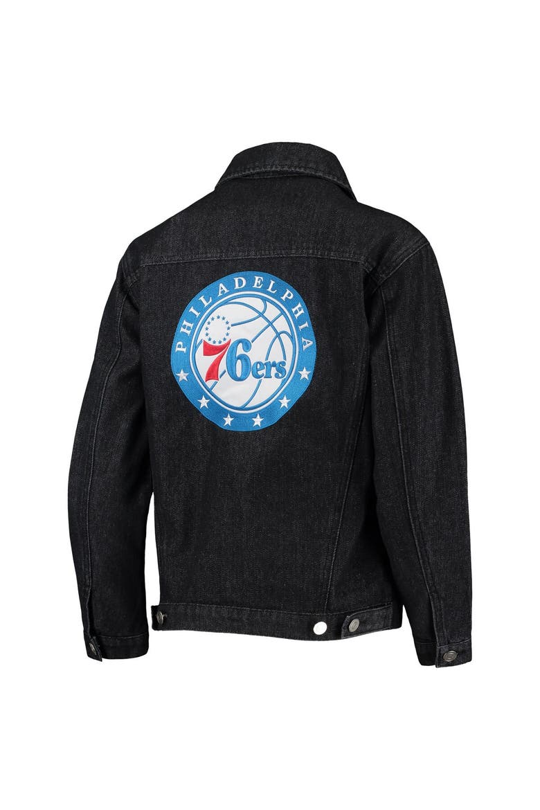 Women's The Wild Collective Black Philadelphia 76ers Patch Denim Button-Up Jacket, Alternate, color, Black