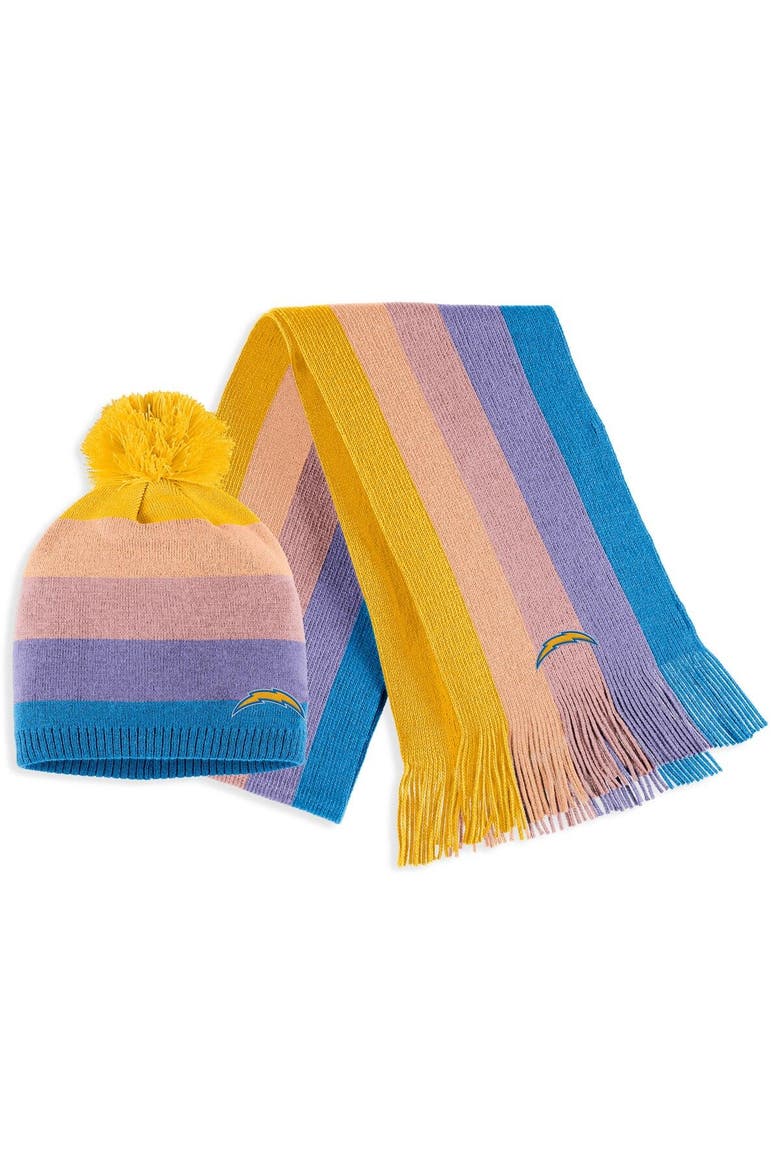 Women's WEAR by Erin Andrews Gold Los Angeles Chargers Ombre Pom Knit Hat and Scarf Set, Main, color, Gold