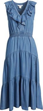 Caslon® Ruffle Sleeveless Chambray Maxi Dress