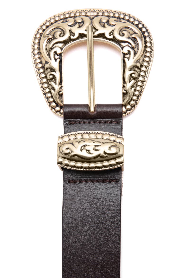 Engraved Buckle Leather Belt, Alternate, color, CHOCOLATE