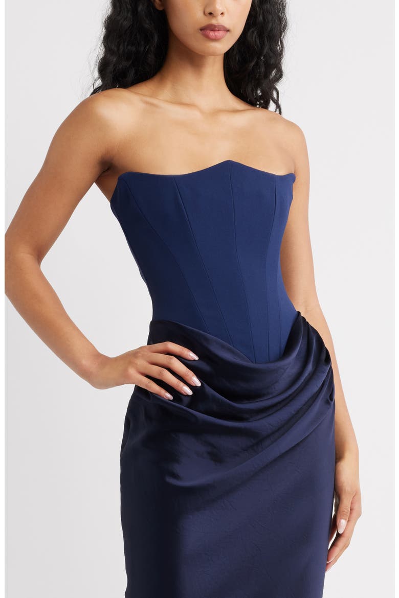 Persephone Strapless Corset Satin & Stretch Crepe Mermaid Gown, Alternate, color, NAVY