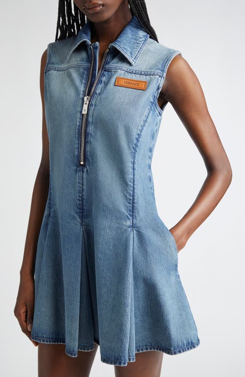 Versace Half-zip Sleeveless Washed Denim Dress In Medium Blue