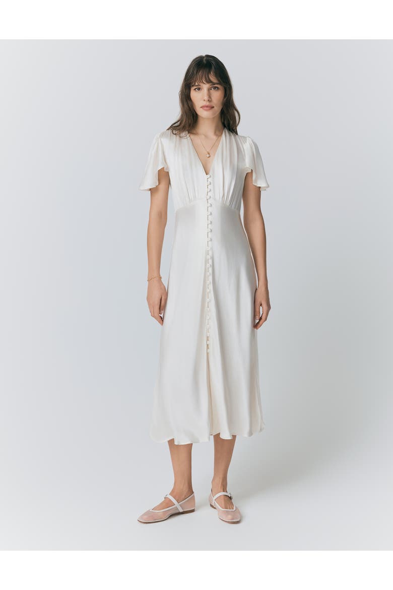 Grace Satin Button V-Neck Dress, Main, color, Ivory
