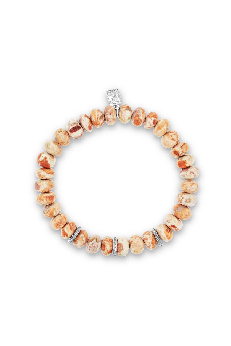 Mexican Fire Opal 8MM Bead Bracelet With 3 Diamond Rondelles, Alternate, color, Fire Opal / Sterling Silver