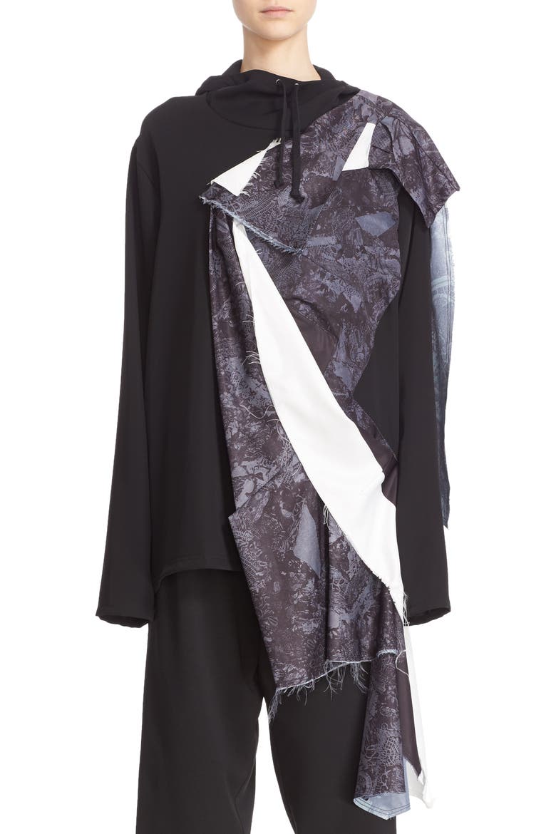 Lace Print Hooded Blouse, Alternate, color, BLACK