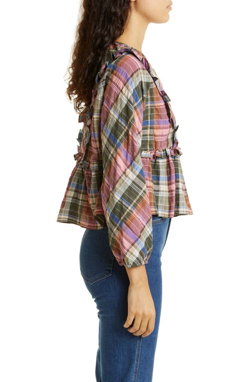 Veronica Beard Katalina Plaid Peplum Top In Olive/pink