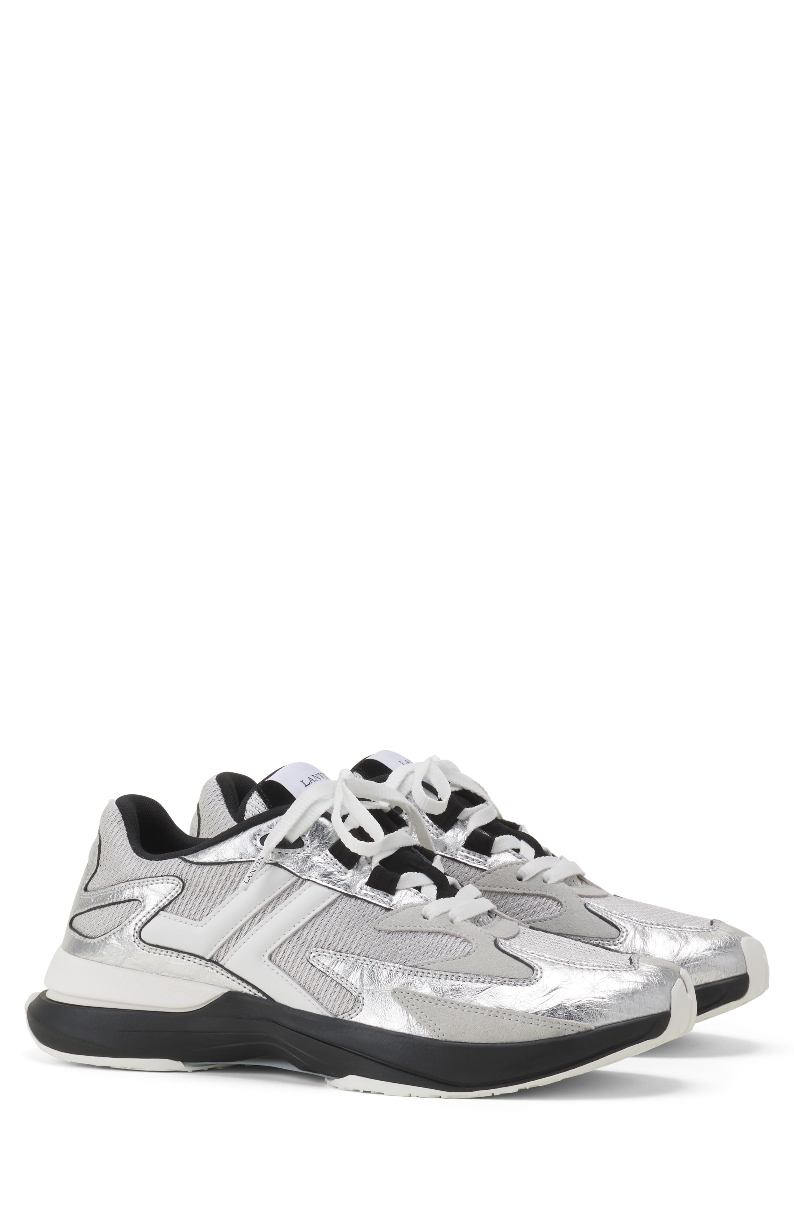 Lanvin Jla Sneakers In Crinkled Metallic Leather, Alternate, color, Silver