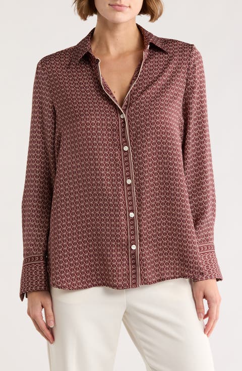 Print Button Front Blouse