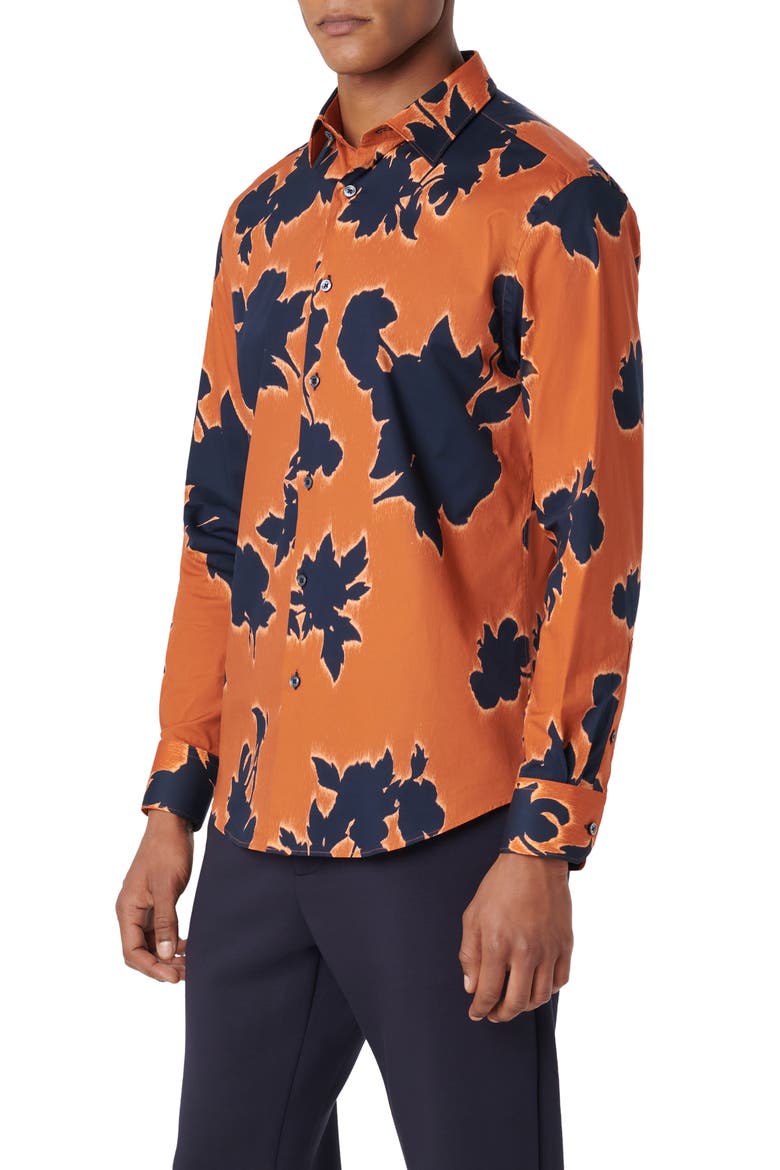 Julian Shaped Fit Floral Print Stretch Cotton Button-Up Shirt, Alternate, color, BURNT ORANGE