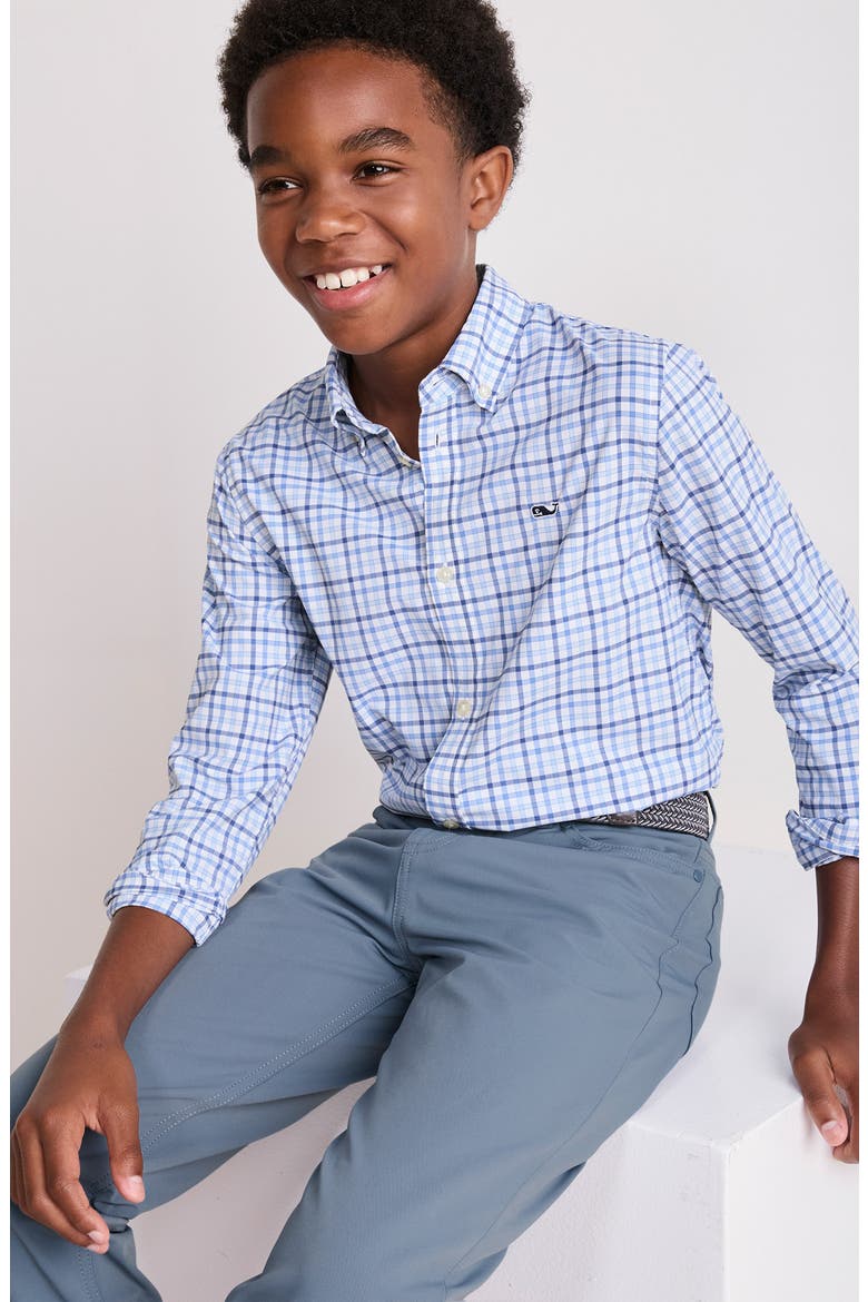 Kids' Forepeak Plaid Performance Button-Down Shirt, Alternate, color, JAKE BLUE