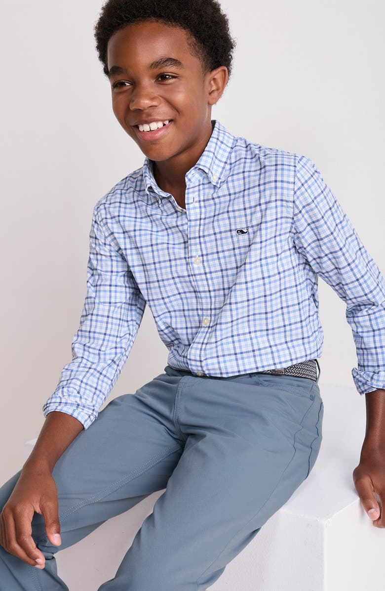 vineyard vines Kids' Forepeak Plaid Performance Button-Down Shirt, Alternate, color, Jake Blue