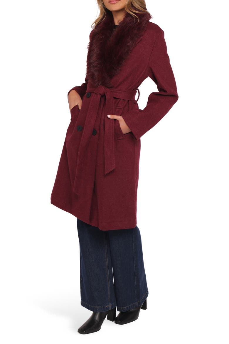 Nina Belted Faux Fur Collared Coat, Alternate, color, BURGUNDY