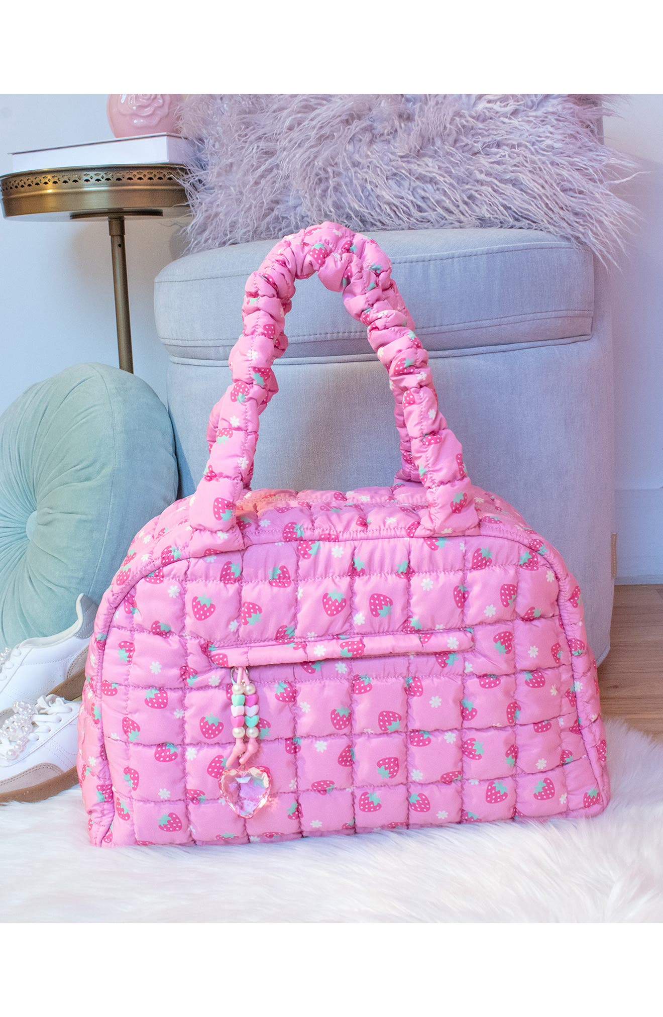 OMG Accessories Kids' Strawberry Print Scrunch Medium Duffle Bag, Alternate, color, Bubble Gum