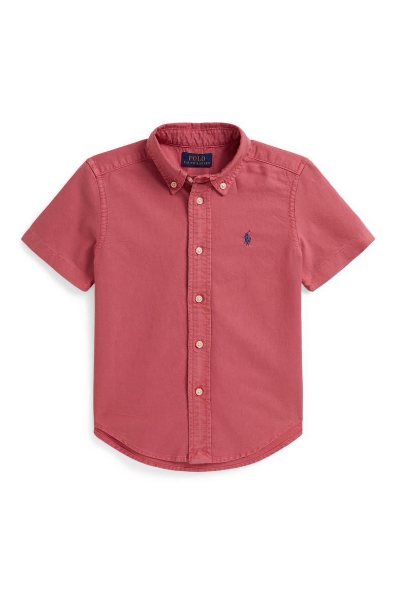 Kids' Short Sleeve Cotton Oxford Button-Down Shirt, Main, color, ADIRONDACK BERRY