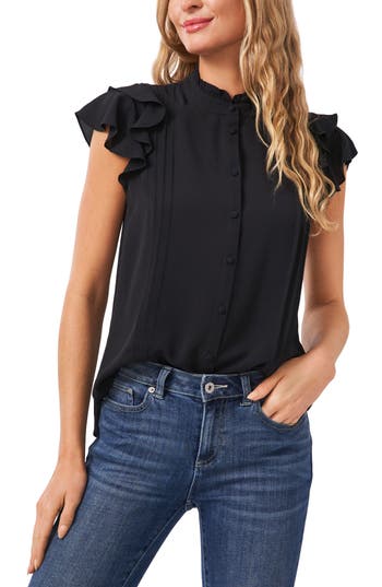 Cece Pintuck Ruffle Short Sleeve Blouse In Black