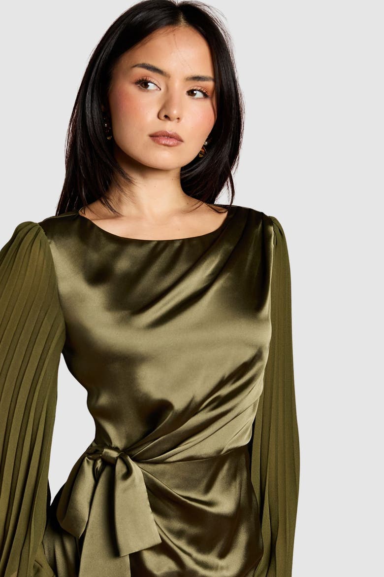 Petite Satin Pleated Flare Mini Dress, Alternate, color, Olive