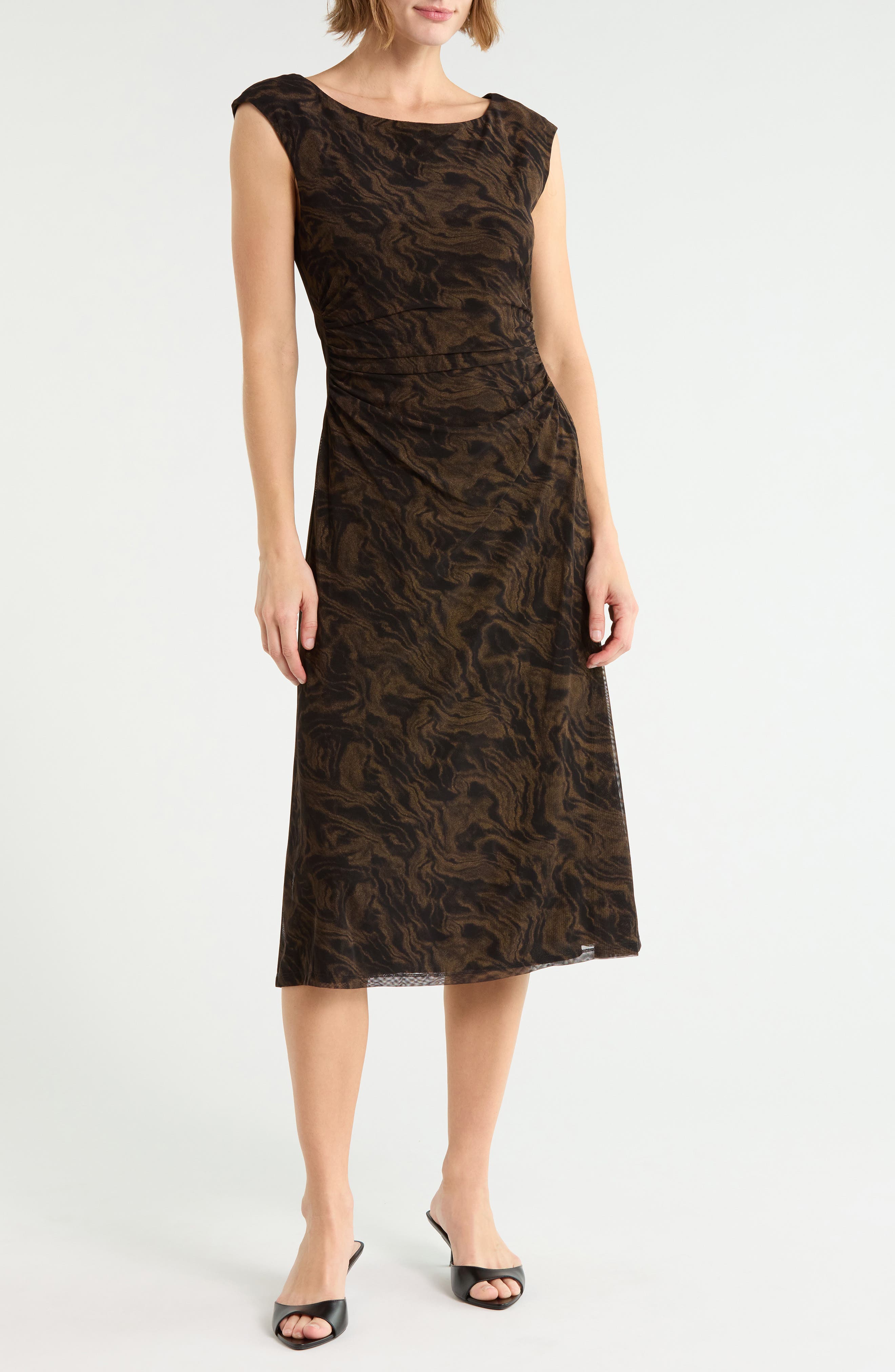 Marbleized Print Shirred Waist Mesh Midi Dress