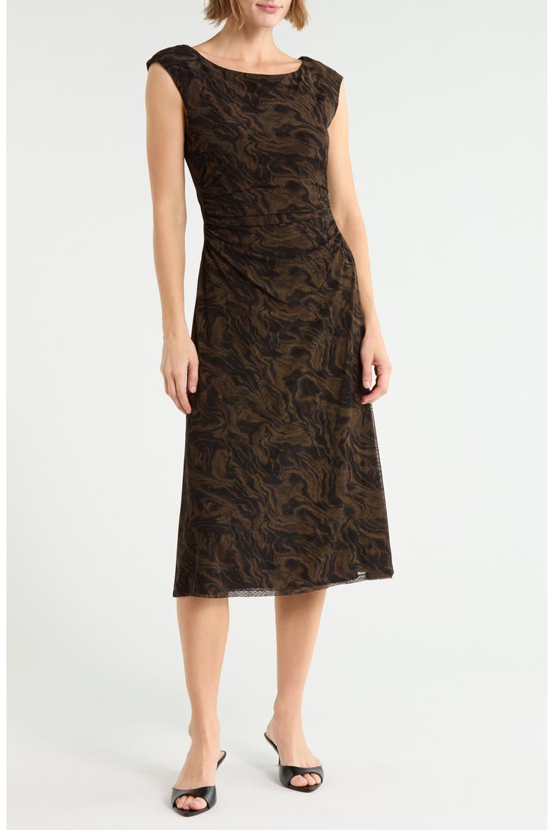 Marbleized Print Shirred Waist Mesh Midi Dress, Main, color, BRONZE