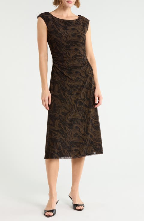 Marbleized Print Shirred Waist Mesh Midi Dress