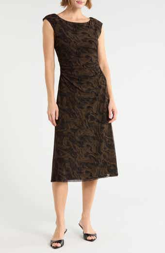 Marbleized Print Shirred Waist Mesh Midi Dress
