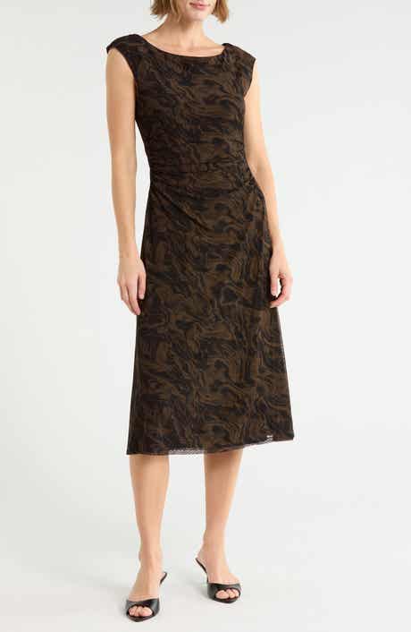 Marbleized Print Shirred Waist Mesh Midi Dress