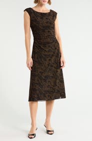 Connected Apparel Marbleized Print Shirred Waist Mesh Midi Dress