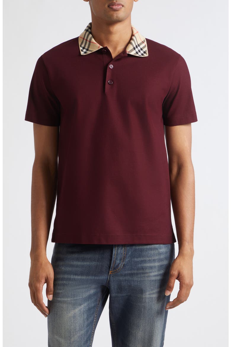 Evan Check Collar Cotton Piqué Polo, Main, color, VINEYARD RED