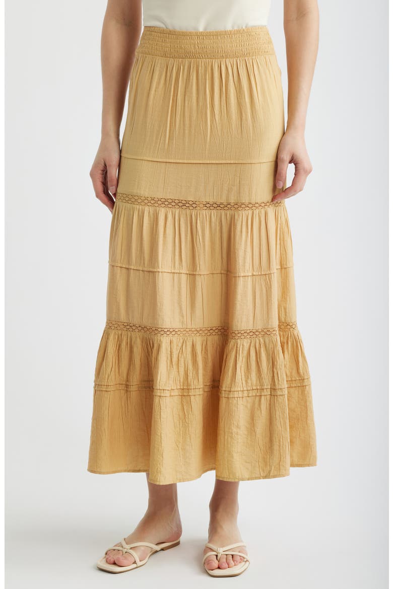 Lace Trim Tiered Maxi Skirt, Main, color, SANDSTONE BROWN