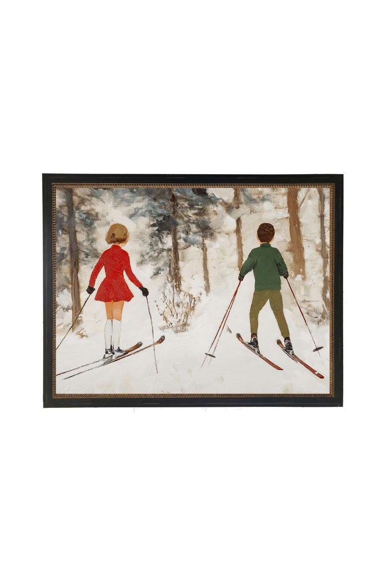 Vintage Oil Painting of Boy and Girl Skiing, Main, color, White