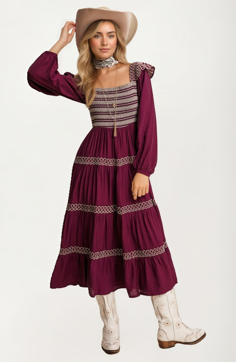 Smocked Bodice Tiered Maxi Dress with Embroidered Trim
