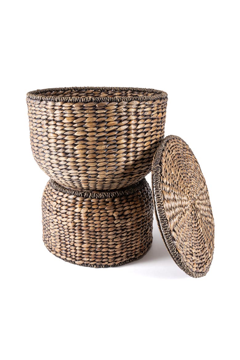 Bhola Hourglass Handwoven Hyacinth Storage Accent Table with Lid, Alternate, color, Brown Wash