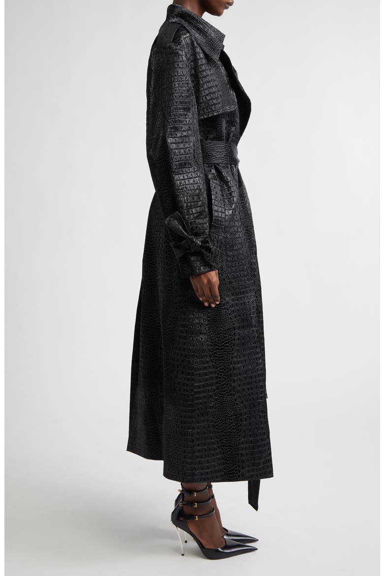 Croc Embossed Faux Leather Trench Coat, Alternate, color, BLACK