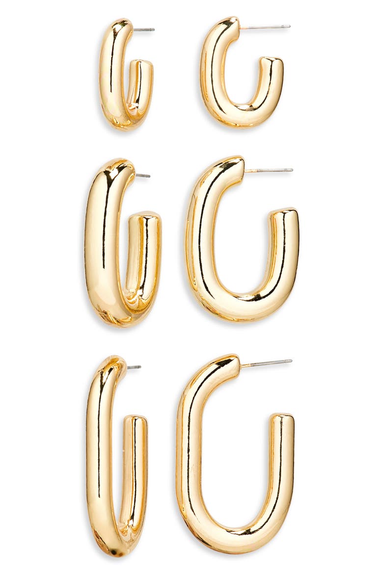Set of 3 Assorted Oval Hoop Earrings, Main, color, GOLD