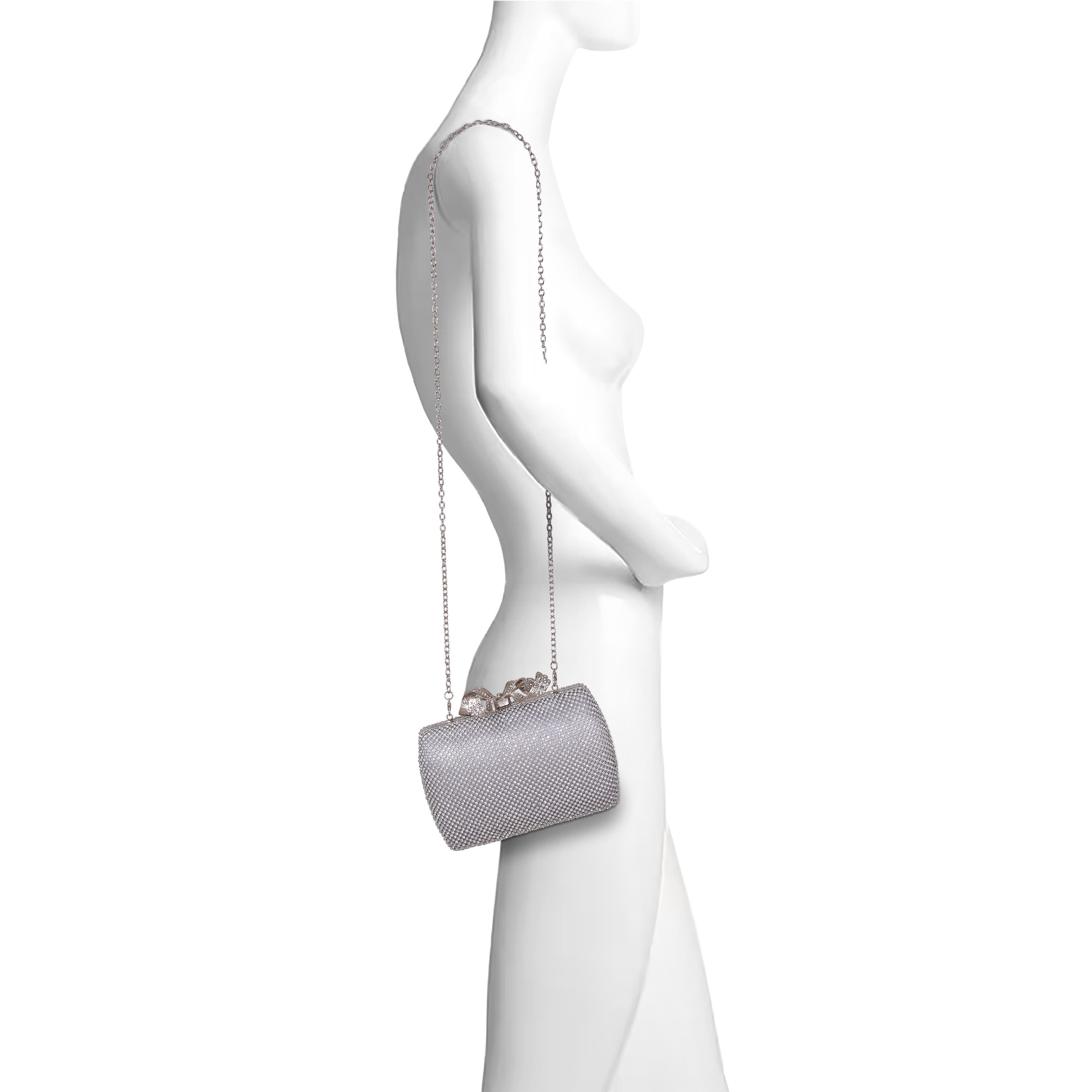 Cassia Crystal Minaudiere w. Bow Clasp, Alternate, color, Silver