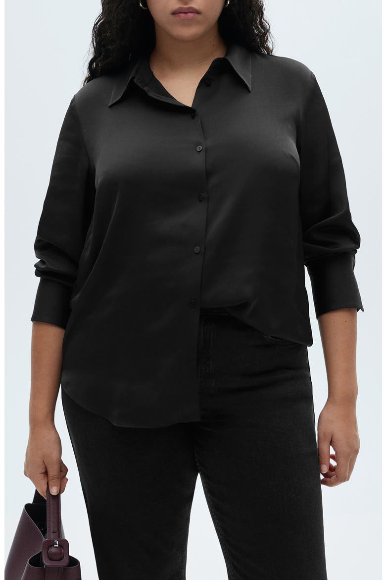 Satin Button-Up Shirt, Alternate, color, BLACK
