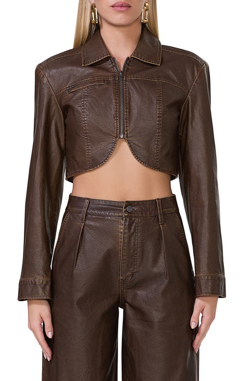 AFRM Hallie Crop Faux Leather Jacket in Washed Brown Pu 