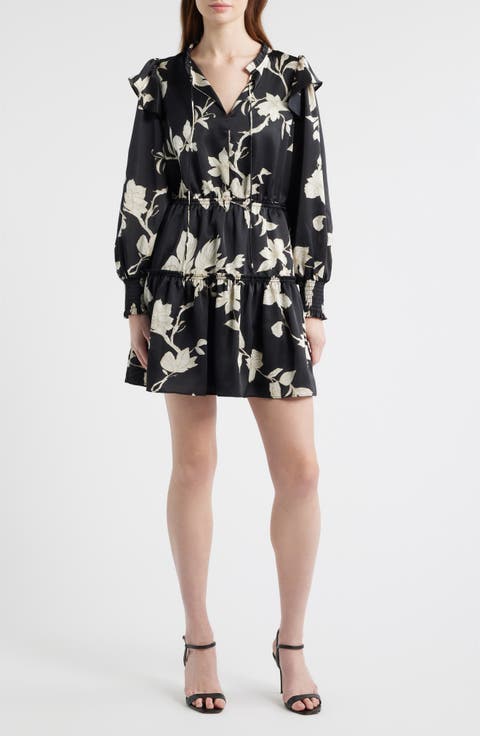 Floral Long Sleeve Tiered Chiffon Minidress