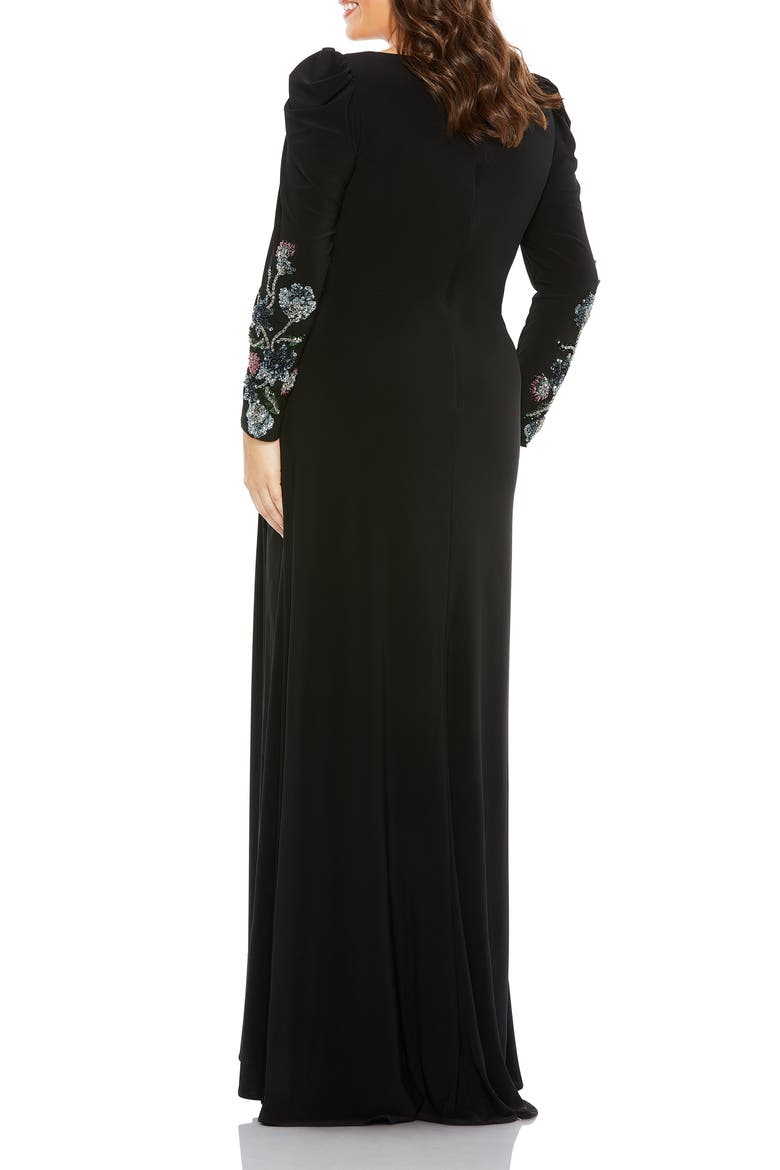 Embellished Long Sleeve Faux Wrap Gown, Alternate, color, BLACK