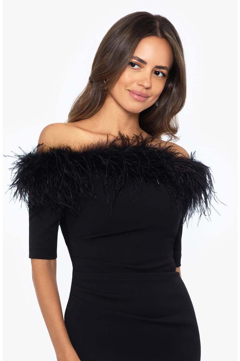 Feather Trim Off the Shoulder Scuba Sheath Dress, Alternate, color, BLACK