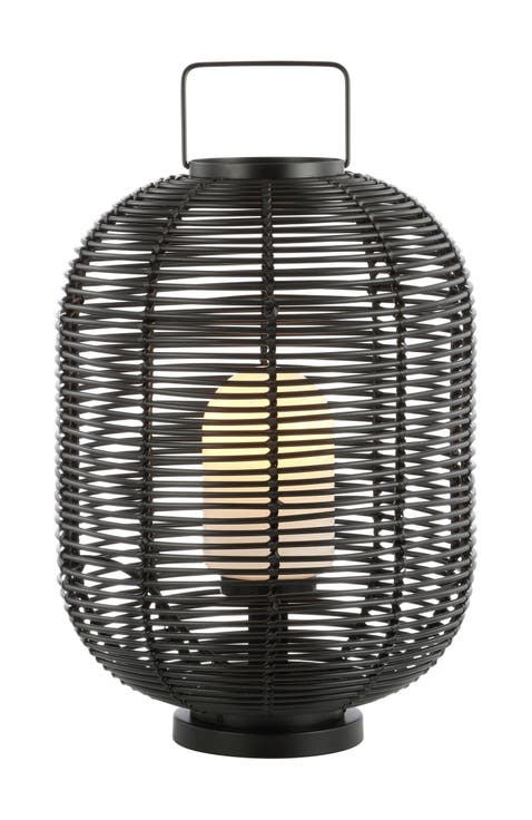 Kandella 26.7" Outdoor Woven Oval Asian LED Lantern, Black