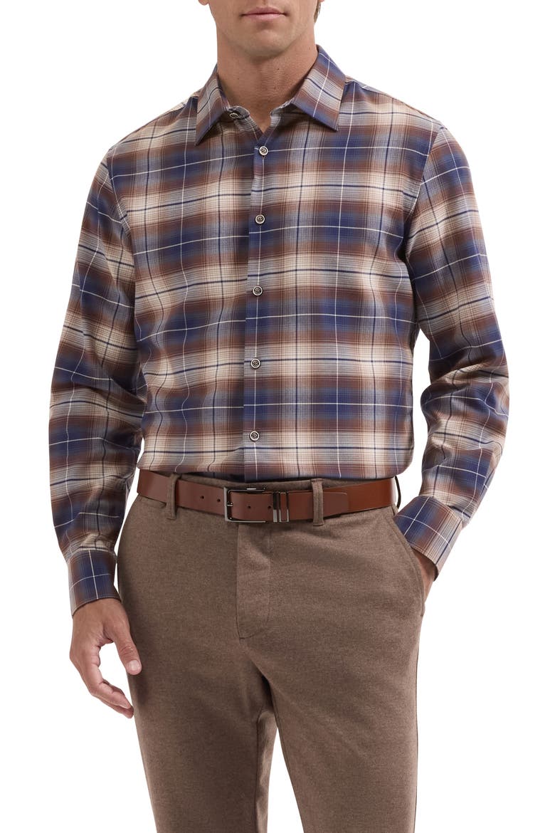 Julian Plaid Cotton & Cashmere Button-Up Shirt, Main, color, TOBACCO
