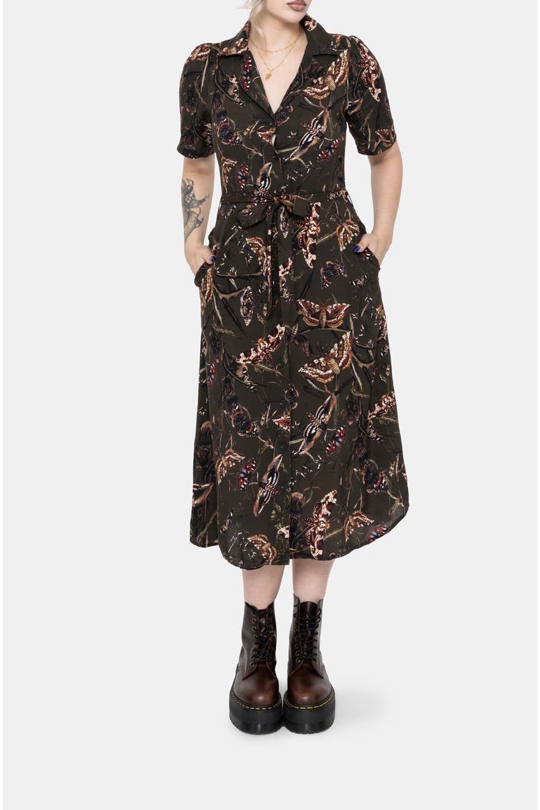 Whispen Moth Print Midi Shirt Dress, Main, color, Green