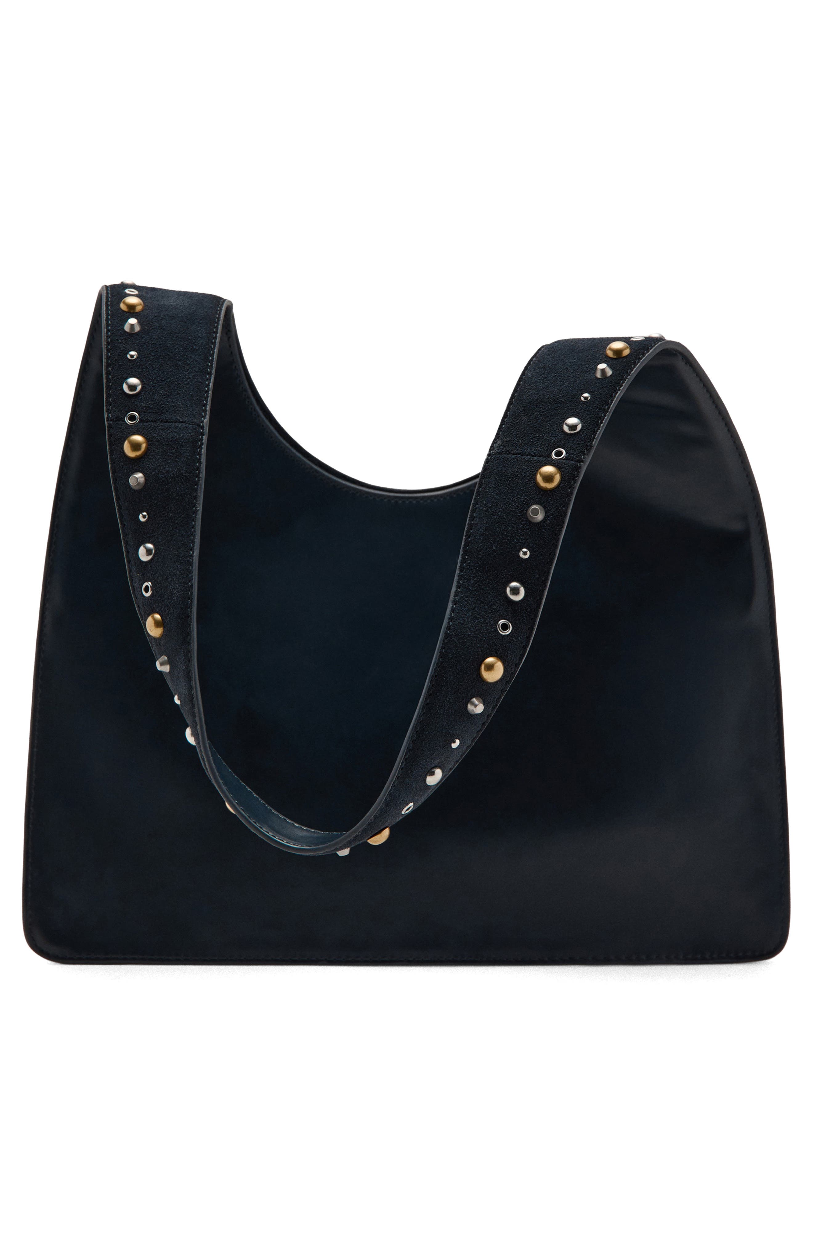 MANGO Studded Suede Shoulder Bag, Alternate, color, Navy