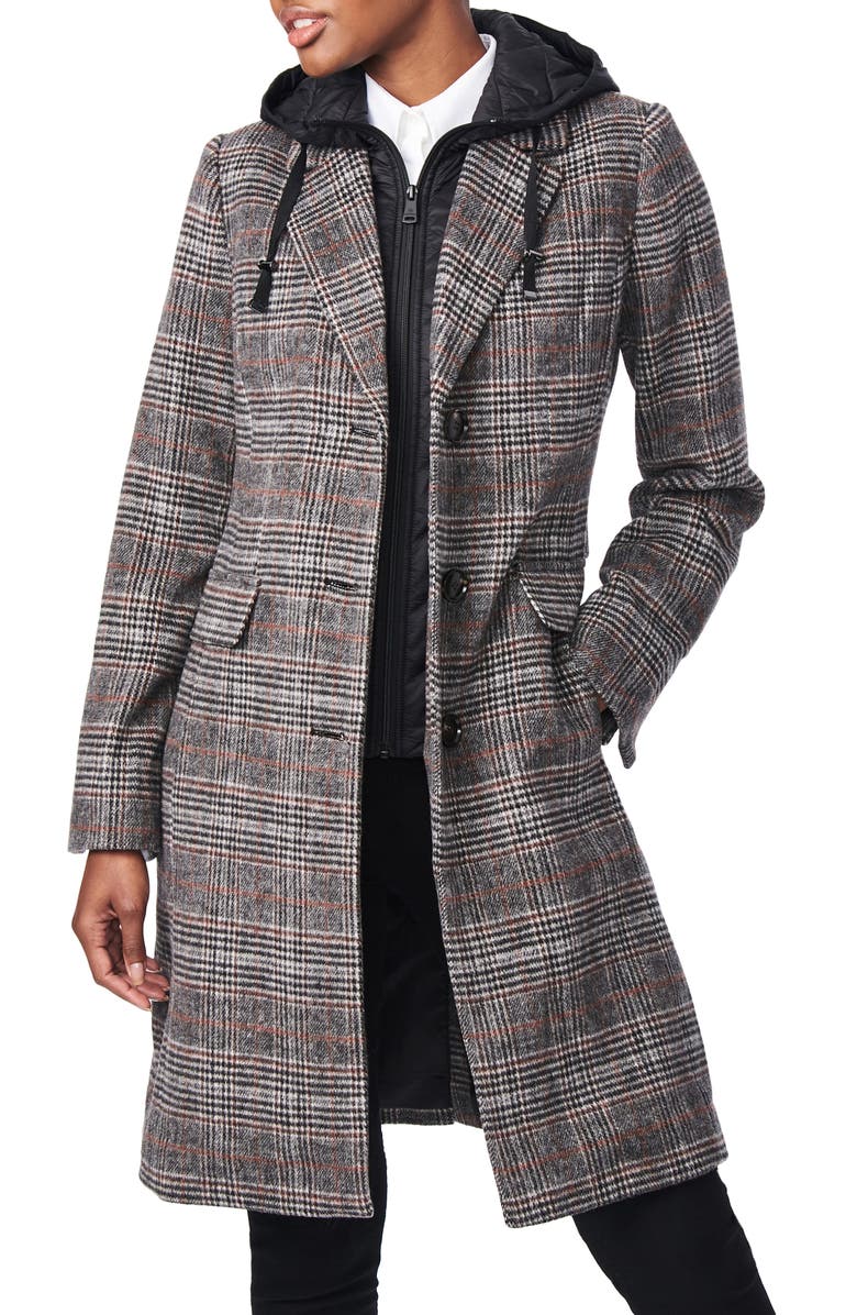 Bernardo Plaid Wool Blend Coat with Removable Hooded Bib, Main, color,